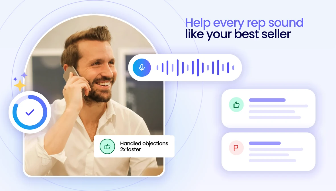 Help every rep sound like your best seller. A seller on a call, with live Yoodli feedback showing he handled objections twice as fast.