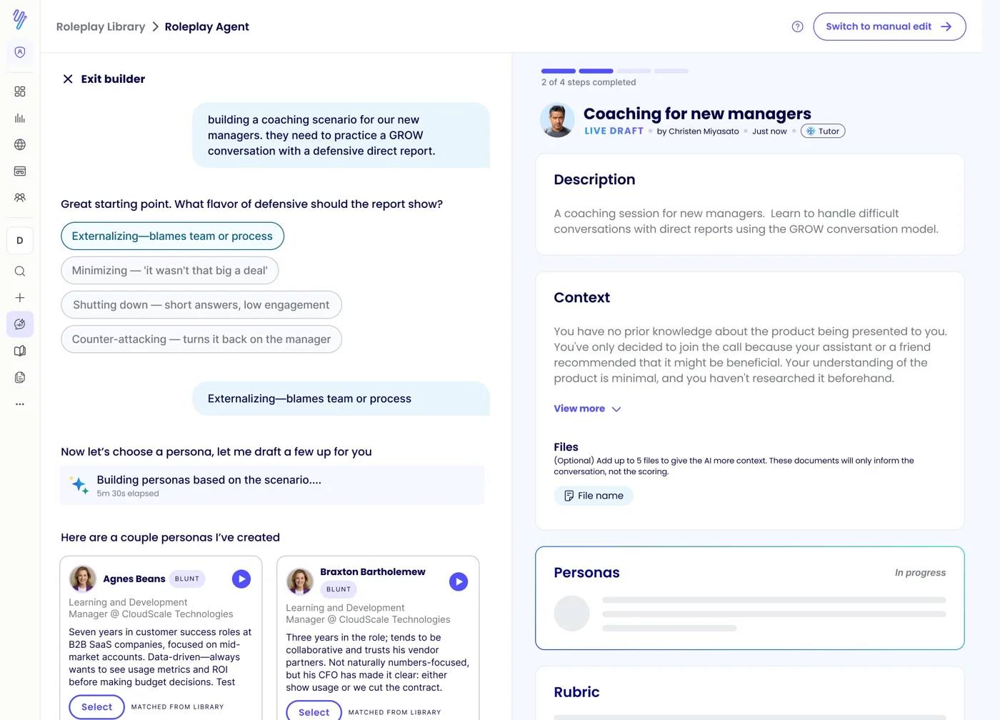 Yoodli Create drafting a coaching program for new managers in the builder chat