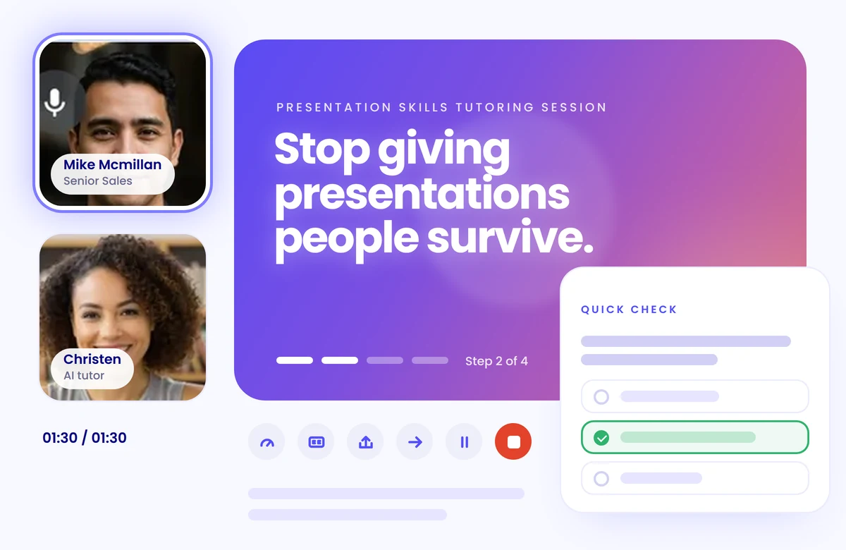 An AI tutor teaching a presentation skills lesson, with a quick knowledge check
